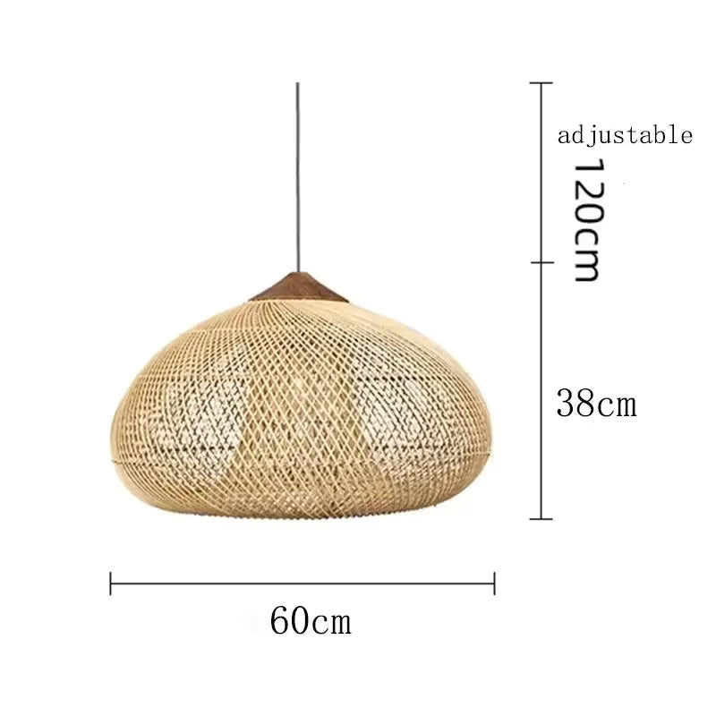 Rattan pendant dimensions showing 60cm width, 38cm shade height and adjustable 120cm suspension