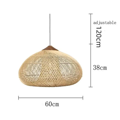 Rattan pendant dimensions showing 60cm width, 38cm shade height and adjustable 120cm suspension