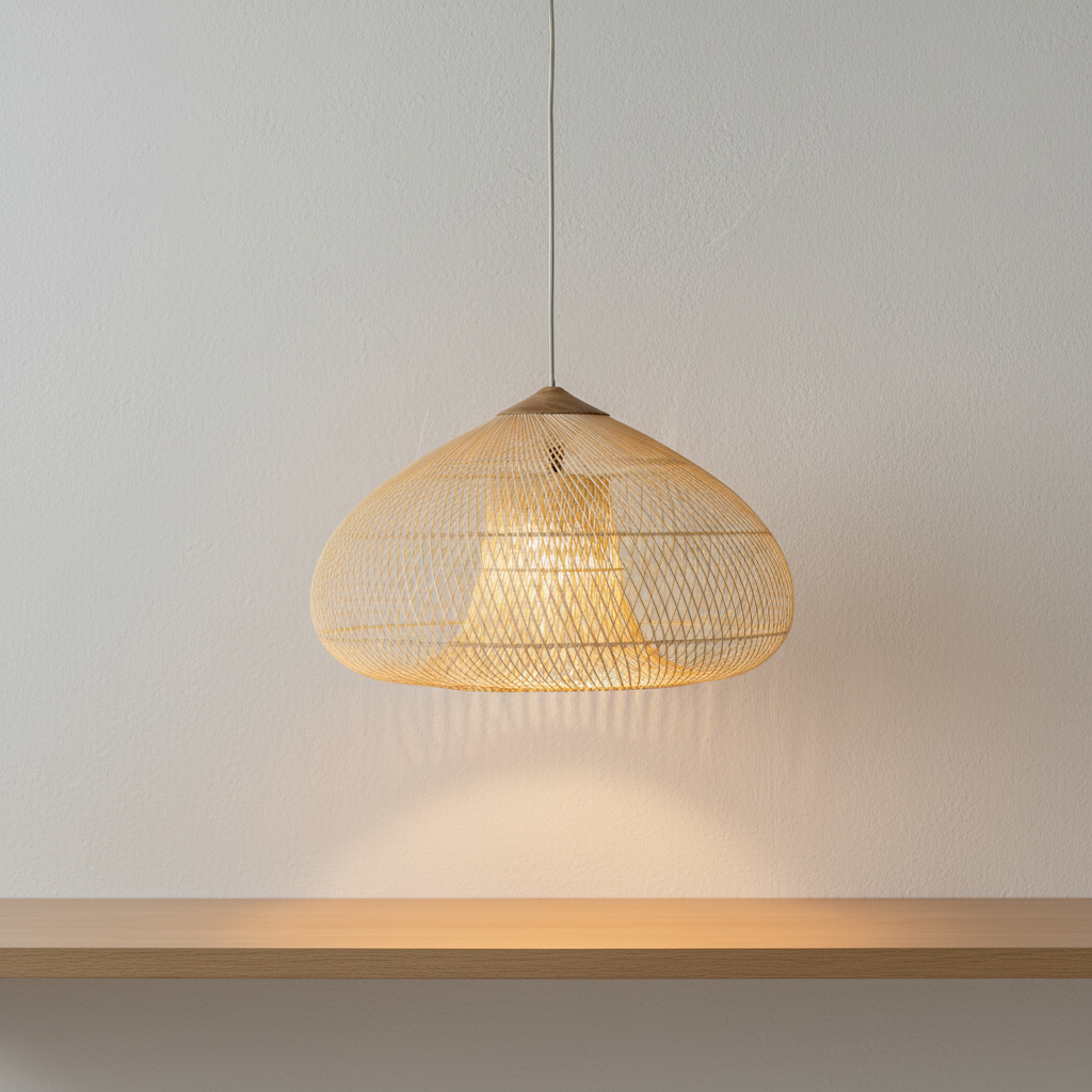 Pale woven pendant casting patterned light