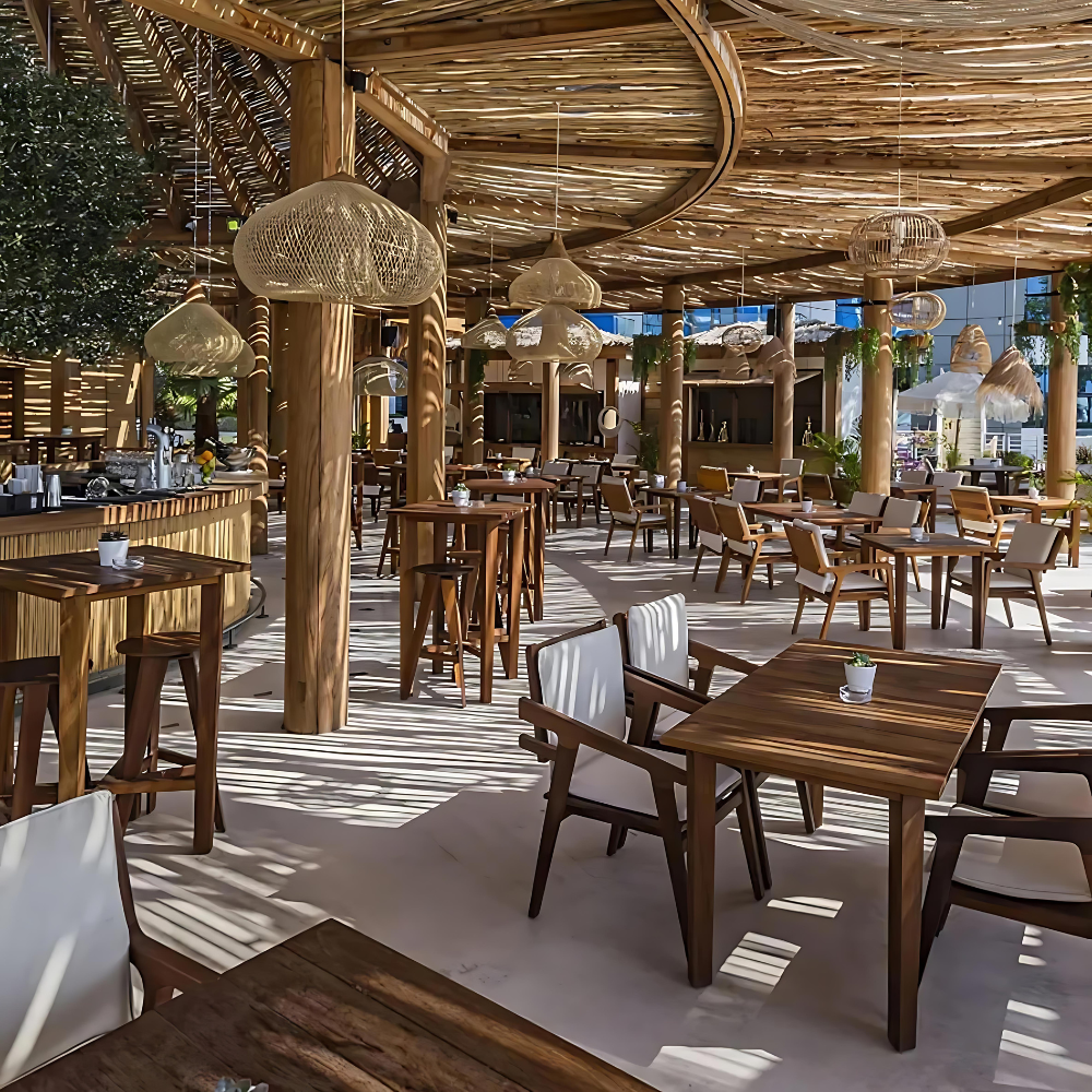 Rattan pendant lights in a restaurant setting