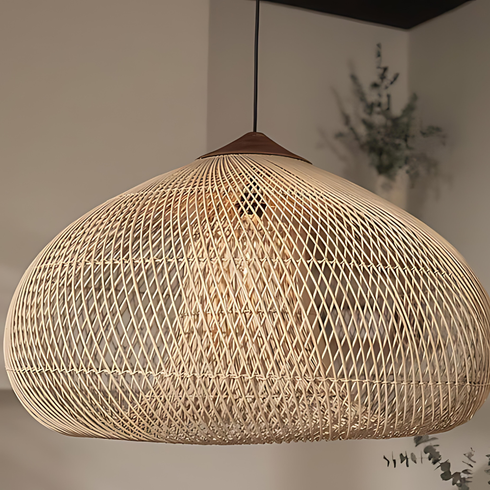 Close-up of the pale woven rattan dome shade