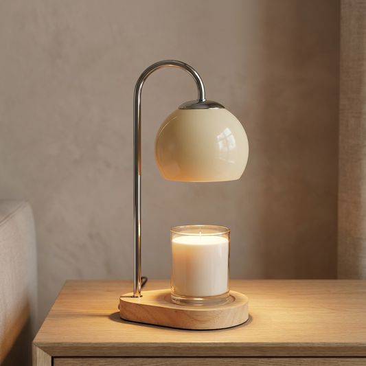 Log candle warmer lamp in Milky shade with Natural base finish
