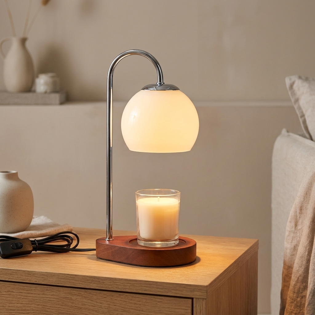 Log candle warmer lamp in White shade with Walnut base finish