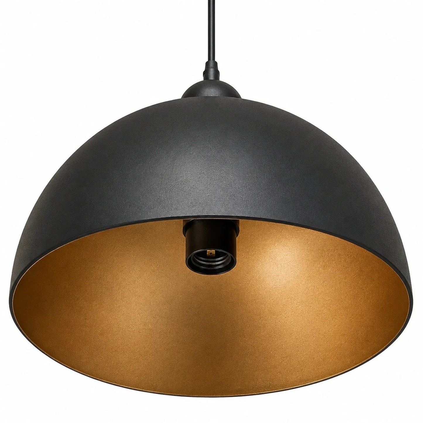 Industrial dome pendant light featuring a matte black exterior and a reflective gold interior finish, ideal for modern kitchen or dining room lighting.