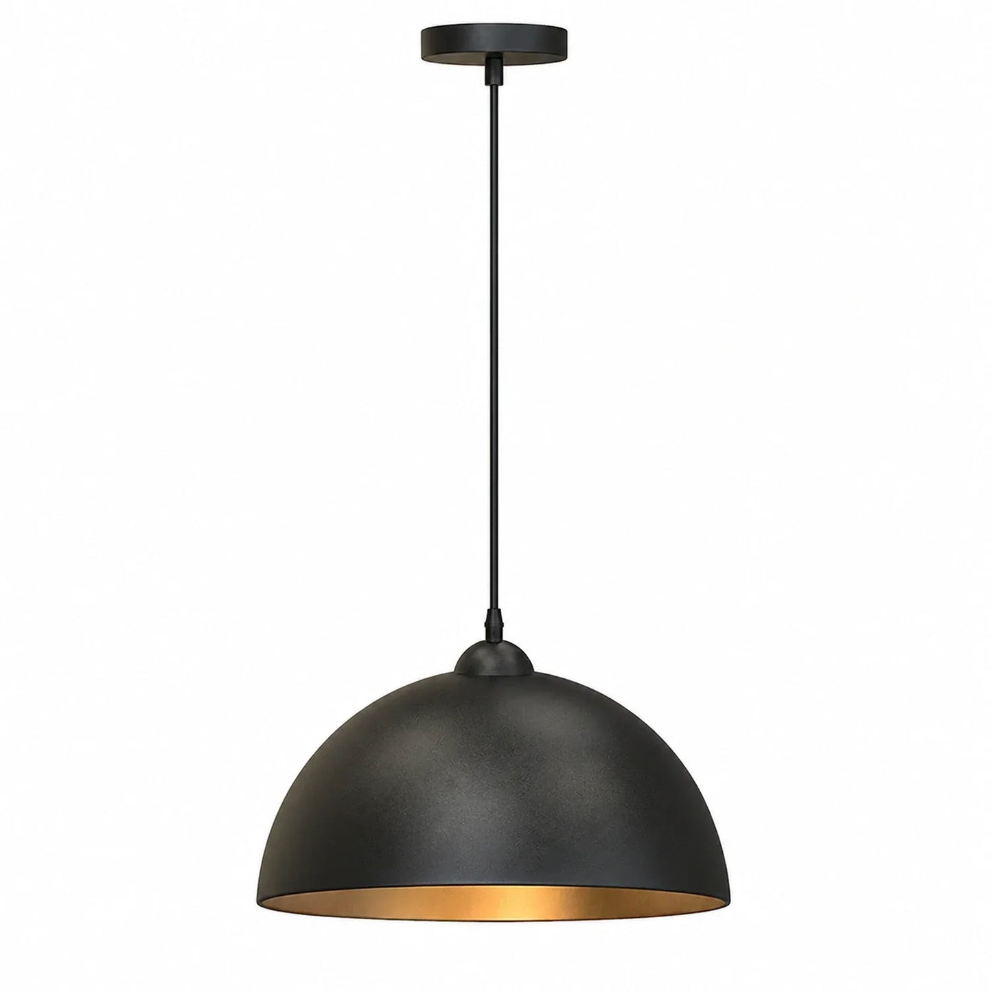Industrial dome pendant light featuring a matte black exterior finish and a warm gold interior, suspended by a matching black cable and ceiling rose.