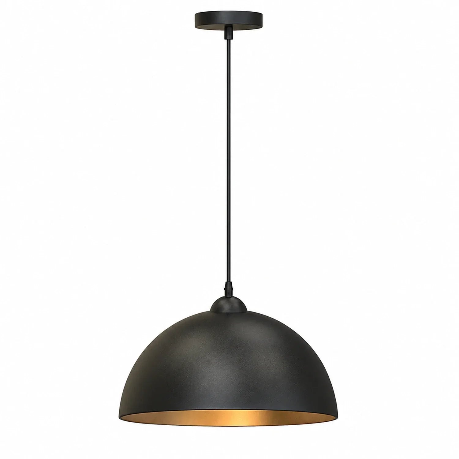 Industrial dome pendant light featuring a matte black exterior finish and a warm gold interior, suspended by a matching black cable and ceiling rose.