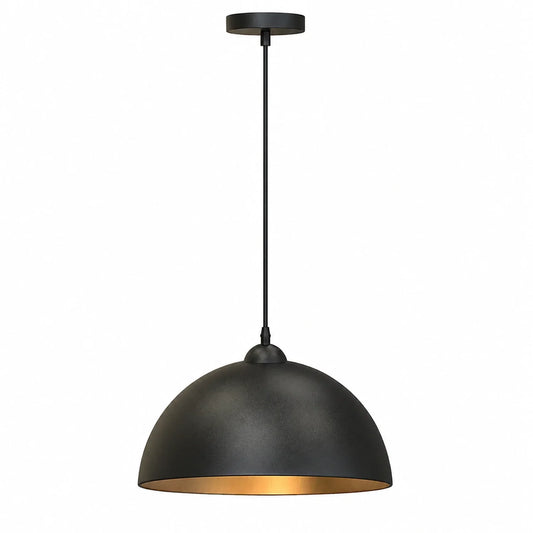 Industrial dome pendant light featuring a matte black exterior finish and a warm gold interior, suspended by a matching black cable and ceiling rose.