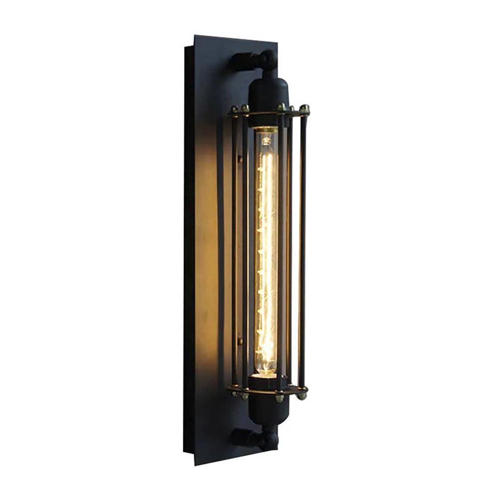 Black industrial iron wall sconce featuring a vertical cage design with an exposed vintage-style filament tube bulb for atmospheric indoor lighting.
