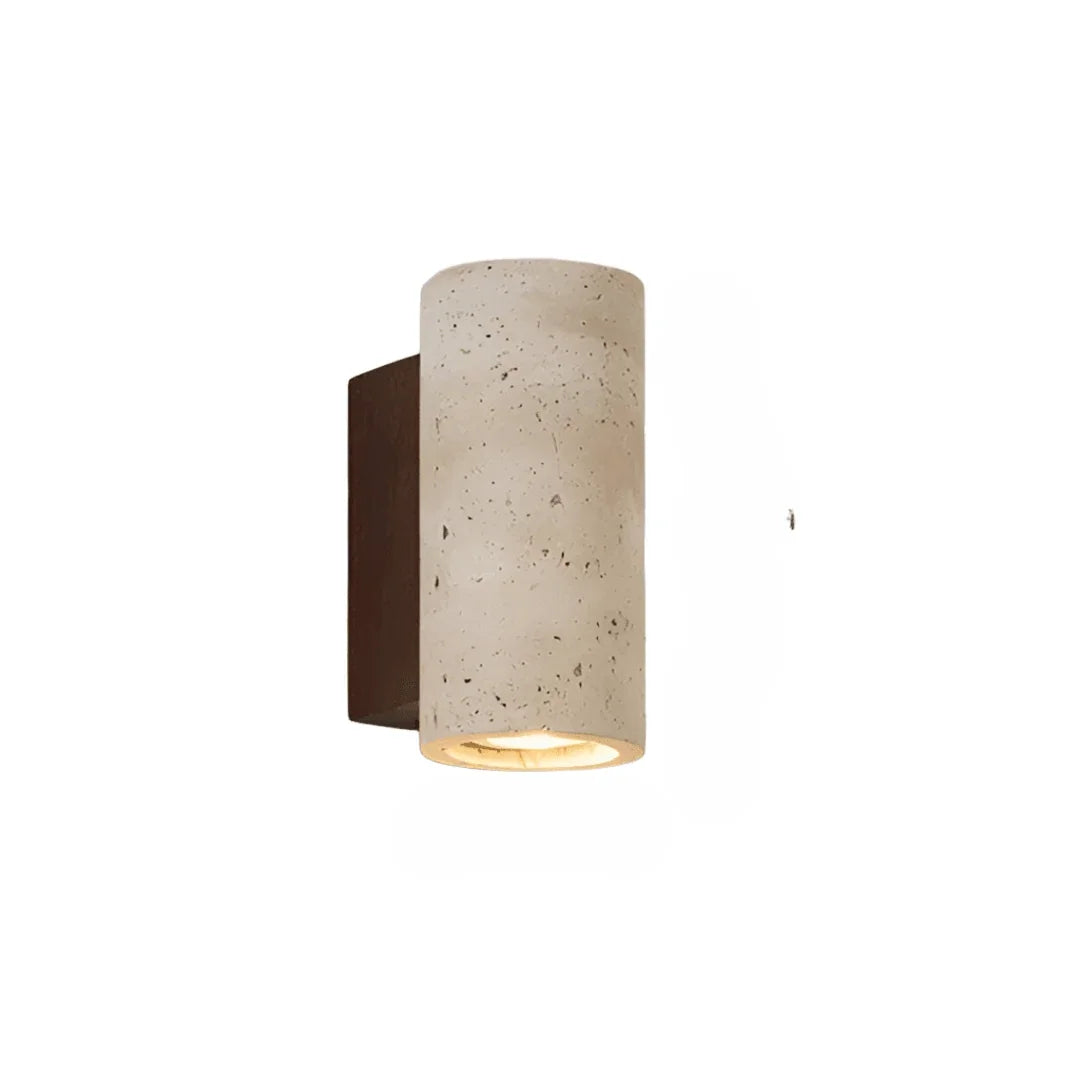 Travertine cylinder wall light with a dark wooden backplate