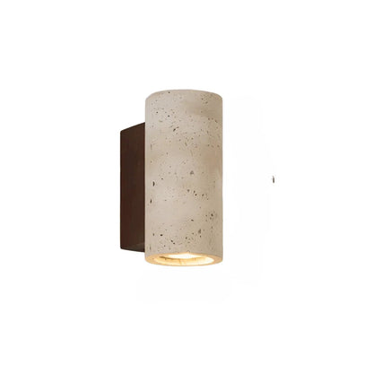 Travertine cylinder wall light with a dark wooden backplate