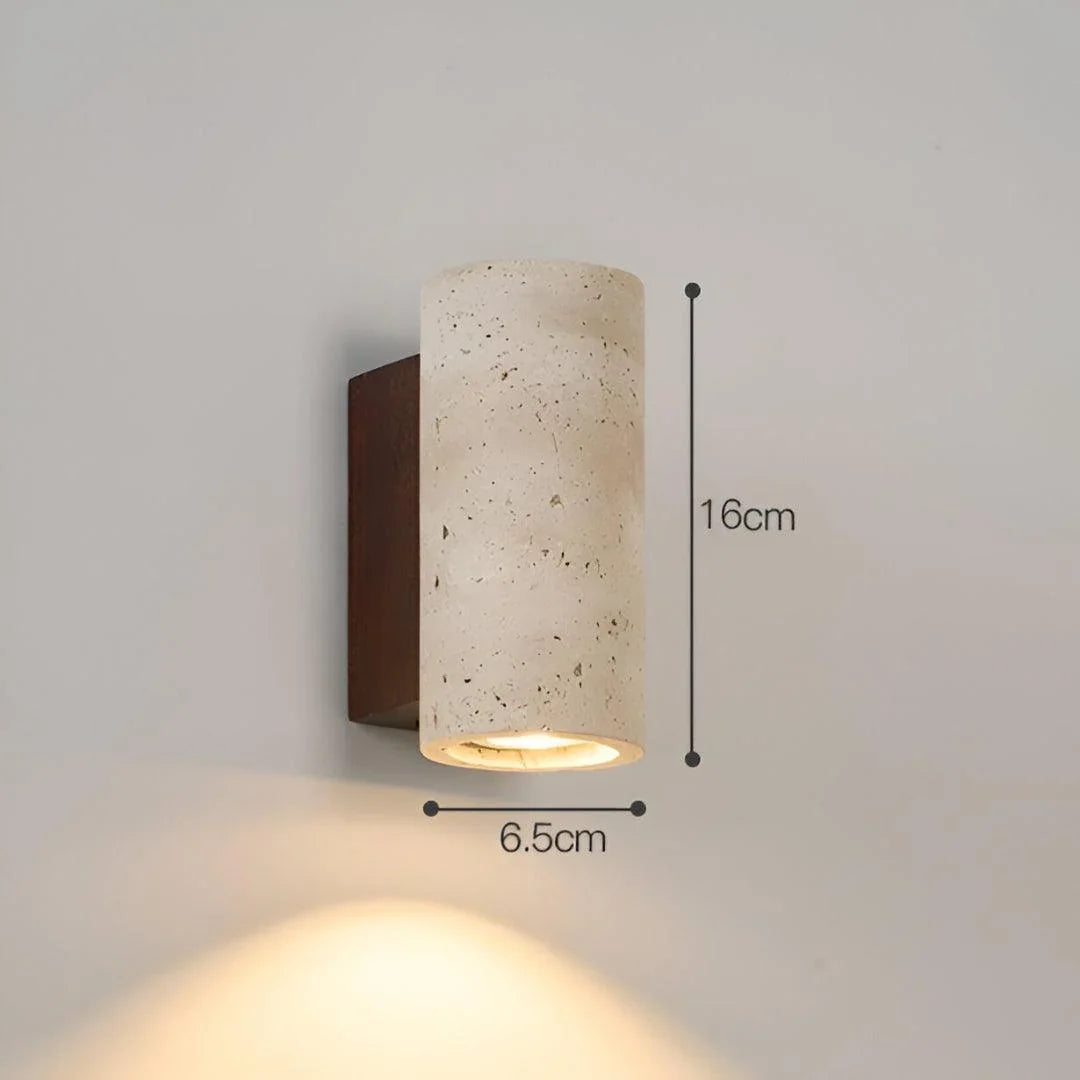 Travertine wall light dimension diagram labelled 16 cm height and 6.5 cm diameter