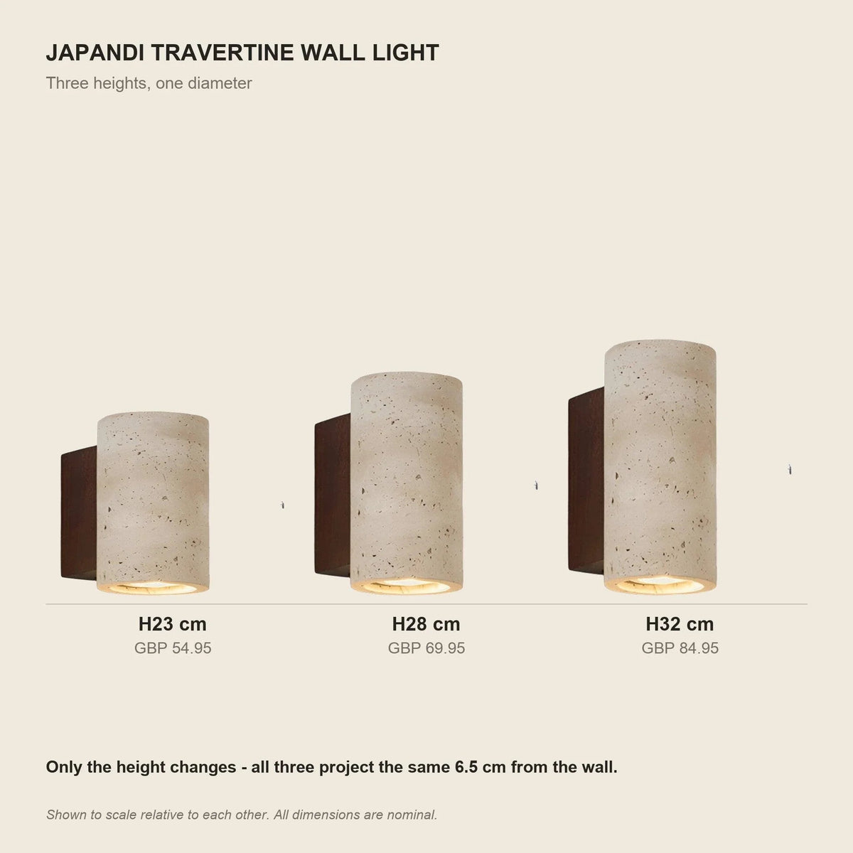 Travertine wall light size guide for 23, 28 and 32 cm heights
