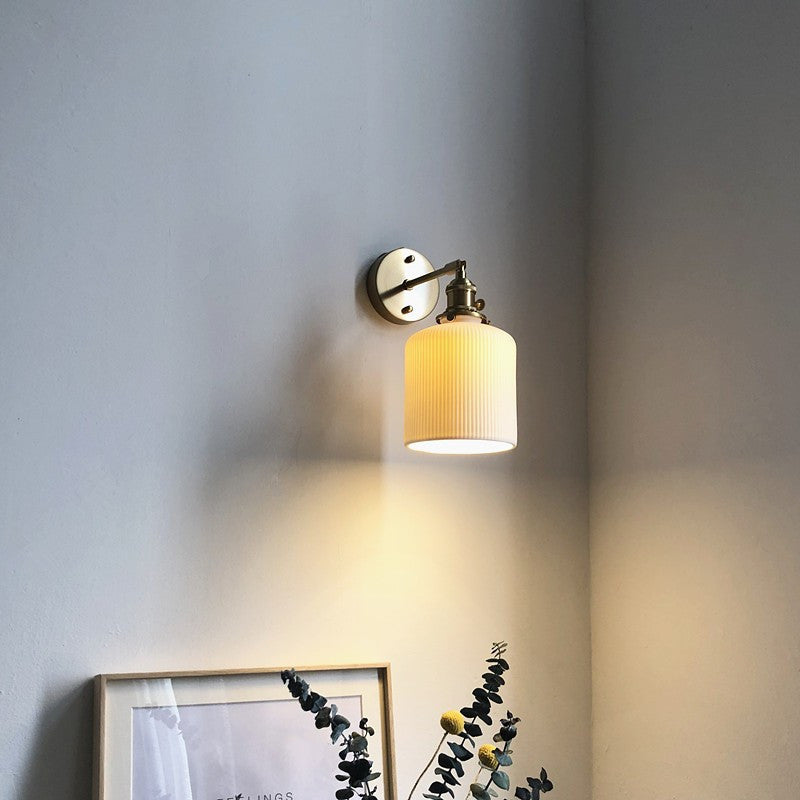Japanese Ceramic Wall Light with Ribbed Shade