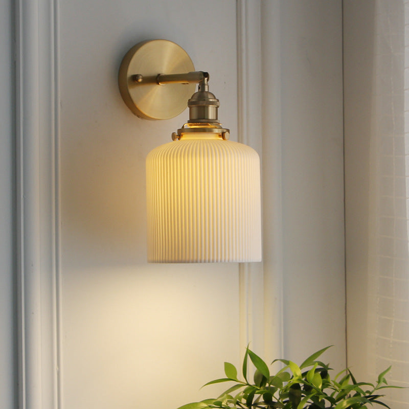 Japanese Ceramic Wall Light with Ribbed Shade