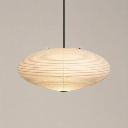 Minimalist Japanese oval rice paper pendant light measuring 45 by 25cm, featuring a warm glowing shade suspended from a slim black ceiling fixture.