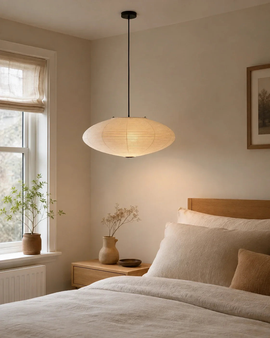 Japanese oval rice paper pendant light hanging in a minimalist bedroom with neutral tones, wooden furniture, and soft ambient lighting.