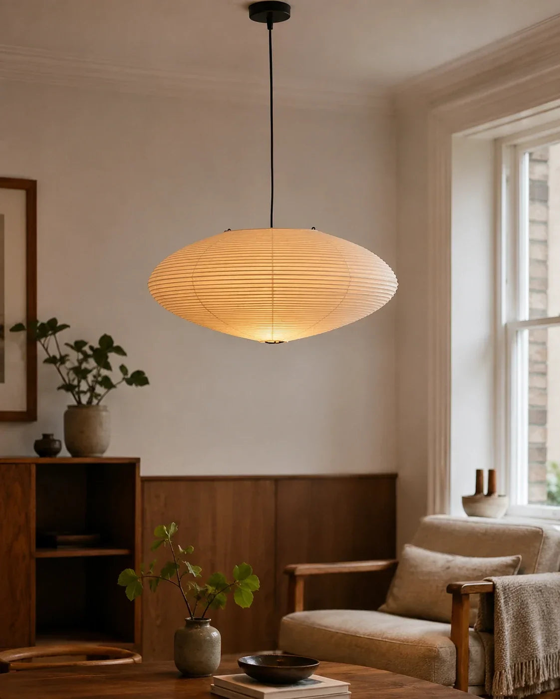 A Japanese-style oval rice paper pendant light hangs in a minimalist living room, casting a warm, soft glow over wooden furniture and decor.