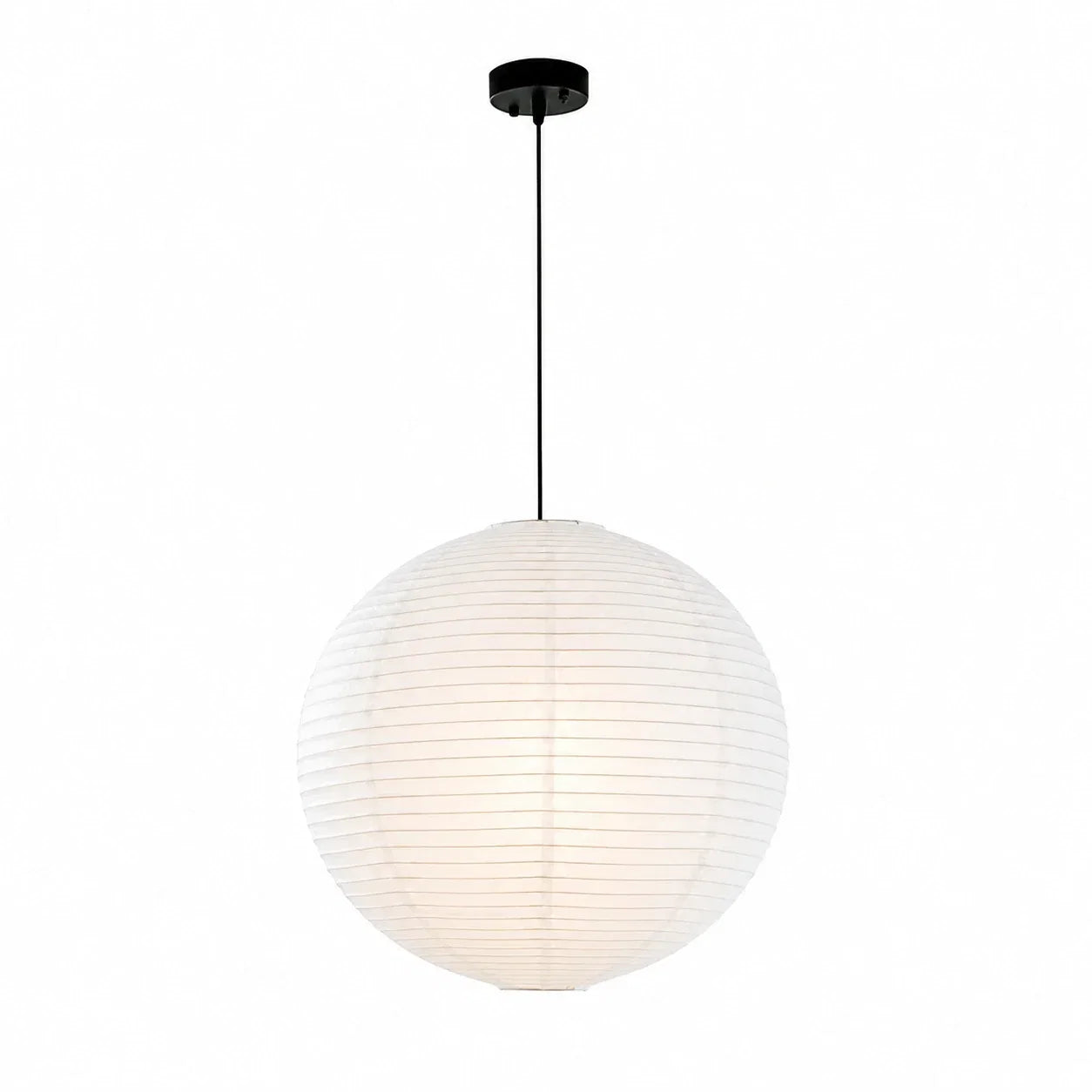 Minimalist Japanese paper globe pendant light with a white spherical shade and black ceiling rose, perfect for creating a soft Japandi interior.