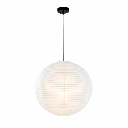 Minimalist Japanese paper globe pendant light with a white spherical shade and black ceiling rose, perfect for creating a soft Japandi interior.