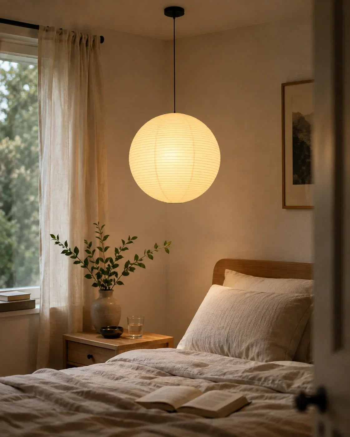 A warm, glowing Japanese paper globe pendant light hanging above a minimalist bedside table in a cosy, neutral-toned bedroom with Japandi styling.