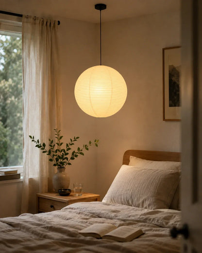 A warm, glowing Japanese paper globe pendant light hanging above a minimalist bedside table in a cosy, neutral-toned bedroom with Japandi styling.