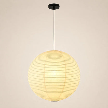 Minimalist Japanese-style globe pendant light featuring a round paper lantern shade suspended by a thin black cord and matching ceiling rose.