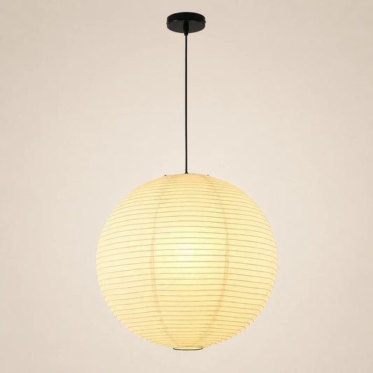 Minimalist Japanese-style globe pendant light featuring a round paper lantern shade suspended by a thin black cord and matching ceiling rose.