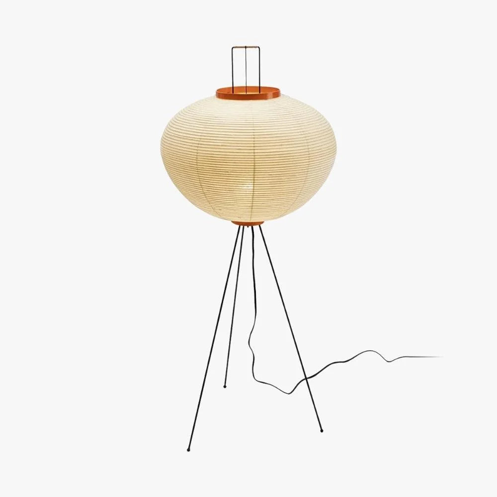 Japanese rice paper floor lamp featuring a white oval paper shade with orange wooden trim, supported by a slender black tripod base.