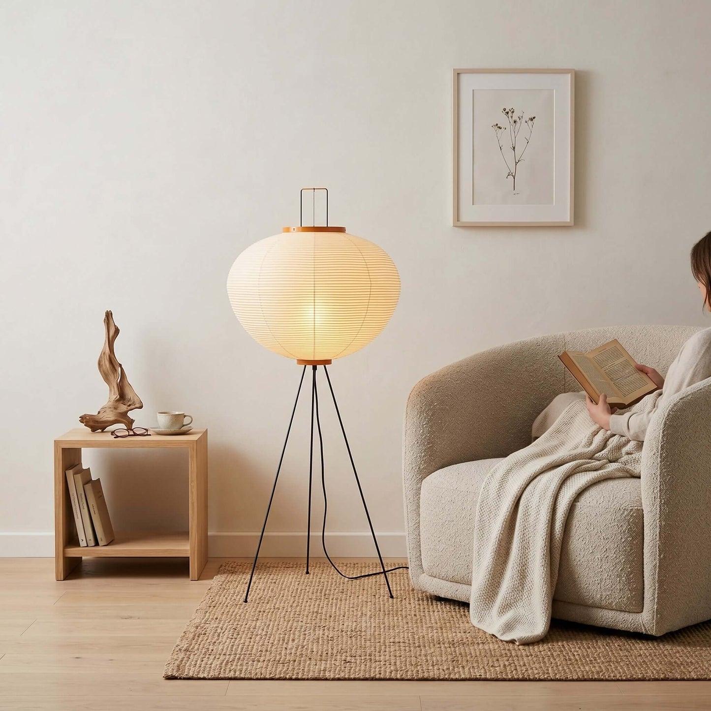 A Japanese rice paper floor lamp with a black tripod base, glowing warmly next to a cosy armchair in a minimalist living room setting.