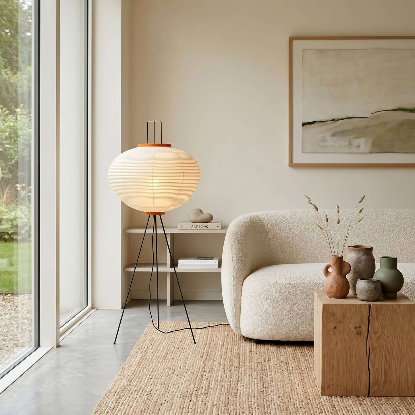 A Japanese rice paper floor lamp with a black tripod base glows warmly in a minimalist living room next to a white bouclé sofa and jute rug.