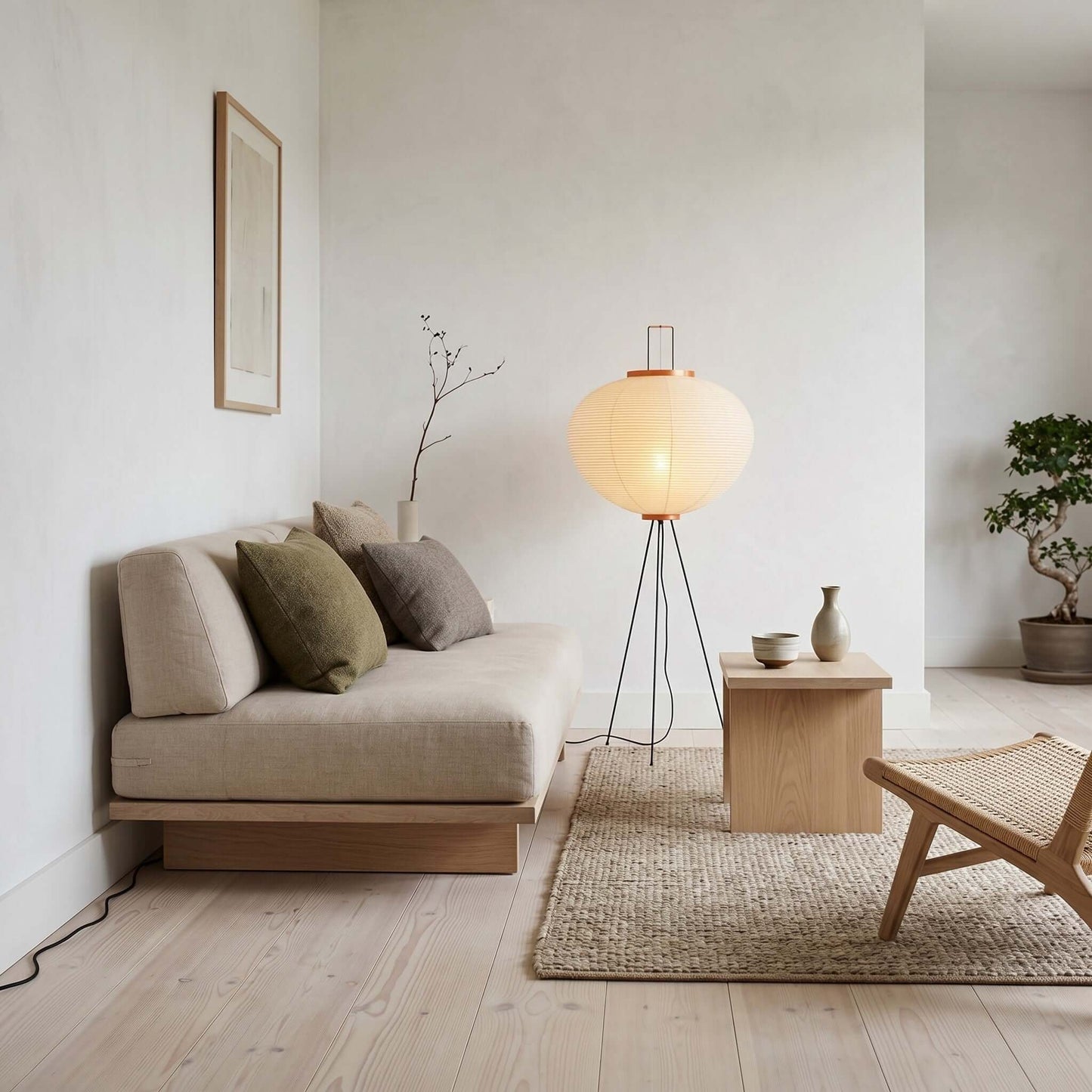 Japanese rice paper floor lamp with a glowing white shade and black tripod base, illuminating a minimalist living room next to a low wooden sofa.