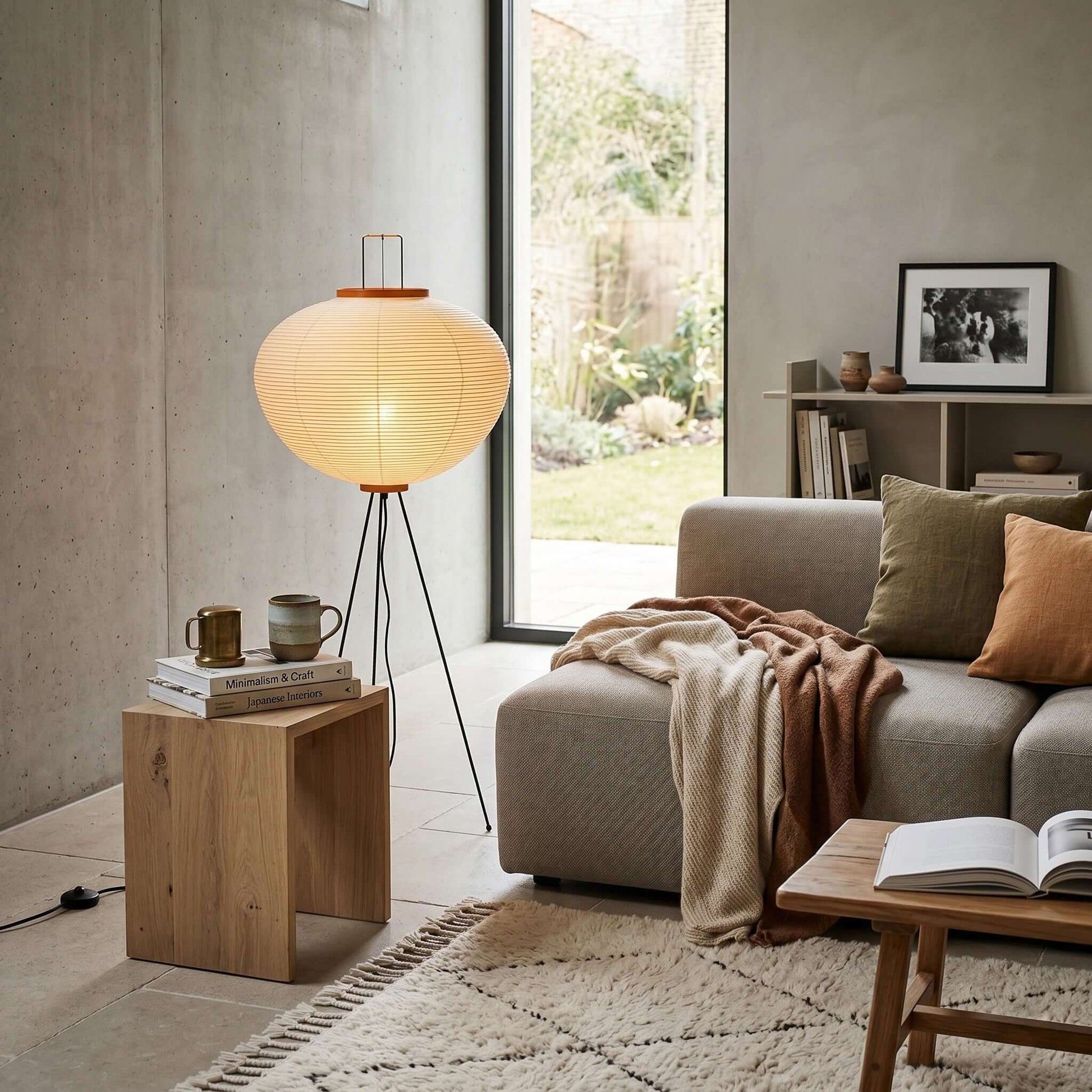 A Japanese rice paper floor lamp with a black tripod base glows warmly in a modern, cosy living room next to a grey sofa and wooden side table.
