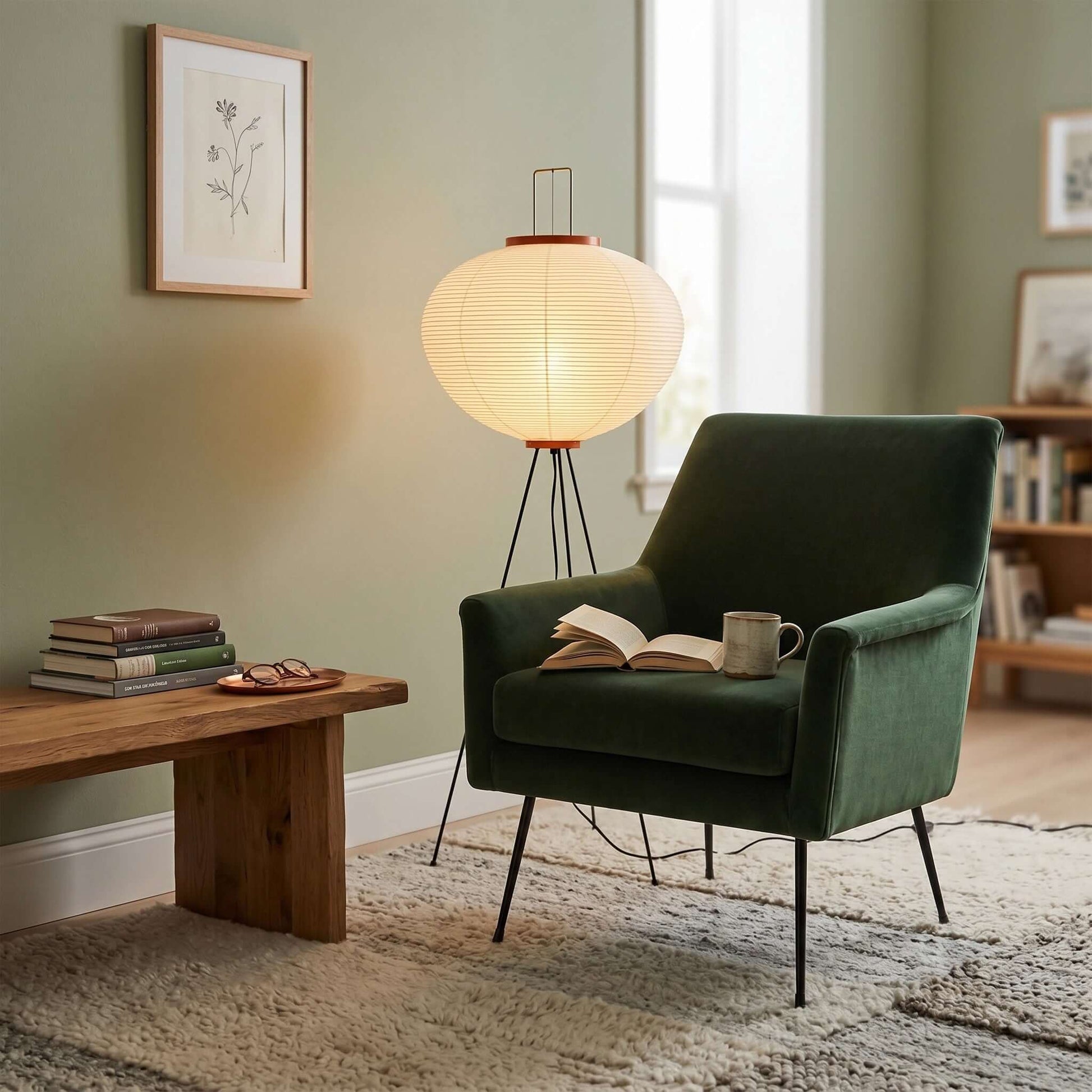 A glowing Japanese rice paper floor lamp with a black tripod base, standing next to a green velvet armchair in a cosy living room setting.