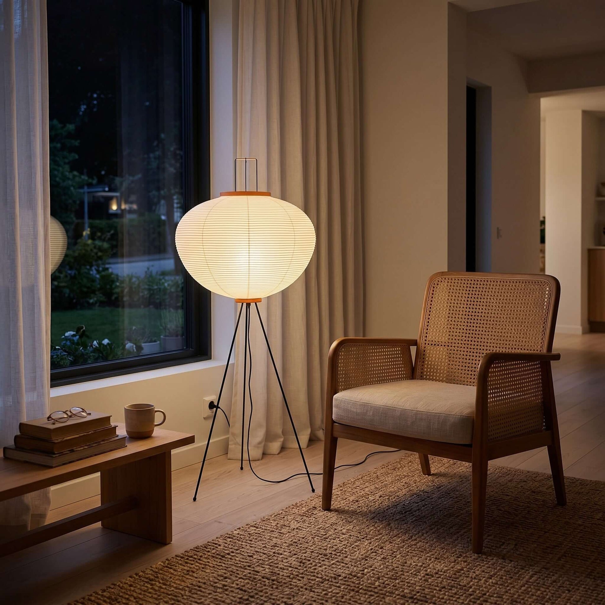 A Japanese rice paper floor lamp with a black tripod base glows warmly next to a wooden rattan armchair in a cosy living room setting.