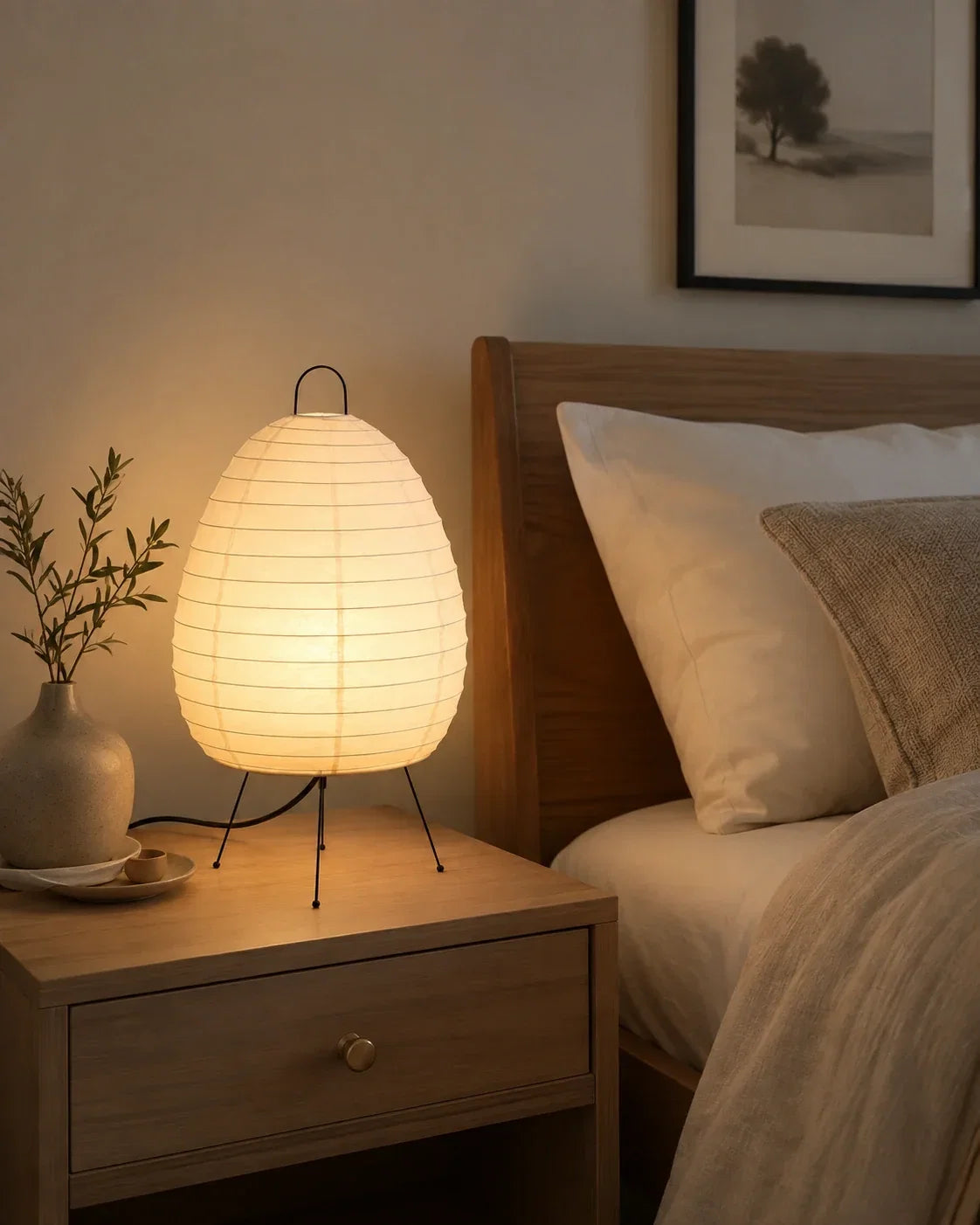Japanese rice paper tripod table lamp with a warm glow, set on a wooden bedside table in a Japandi-style bedroom with a vase and neutral bedding.