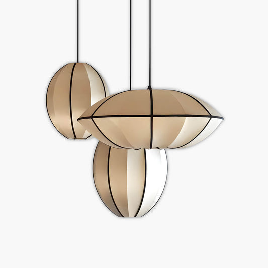 Three Japanese-style satin fabric lantern pendant lights in cream white