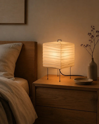 Square Japanese washi paper table lamp emitting a warm glow on a wooden bedside table, styled with a minimalist vase in a serene Japandi bedroom.