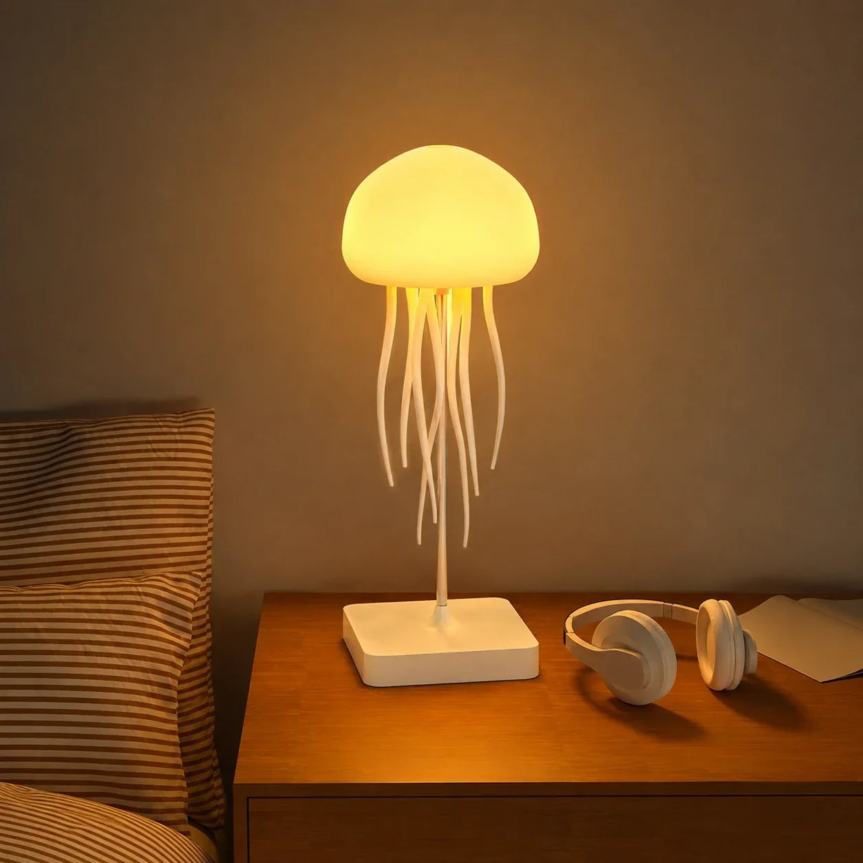 A jellyfish LED table lamp glowing with warm light on a wooden bedside table next to white headphones and striped pillows, creating a cosy atmosphere.