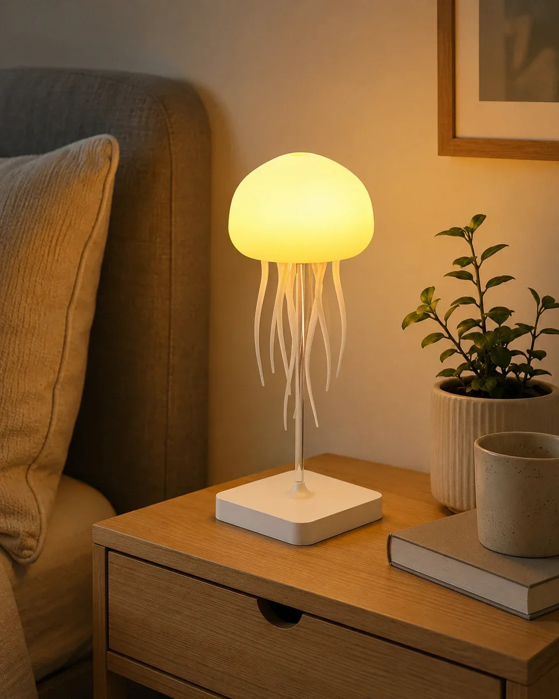 A jellyfish LED table lamp glowing with warm yellow light on a wooden bedside table, offering cosy ambient lighting in a bedroom setting.