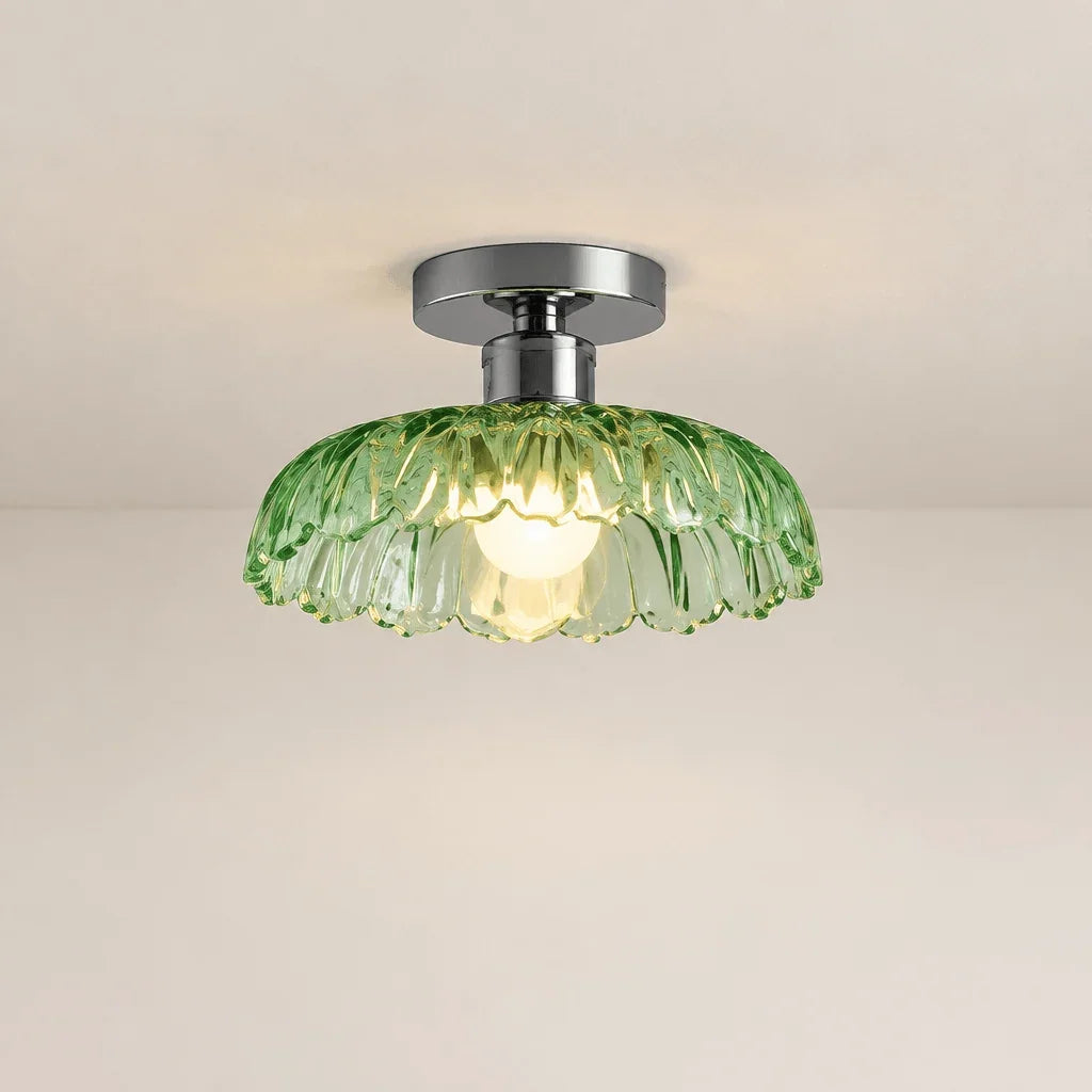 Green textured glass ceiling light with chrome ceiling plate