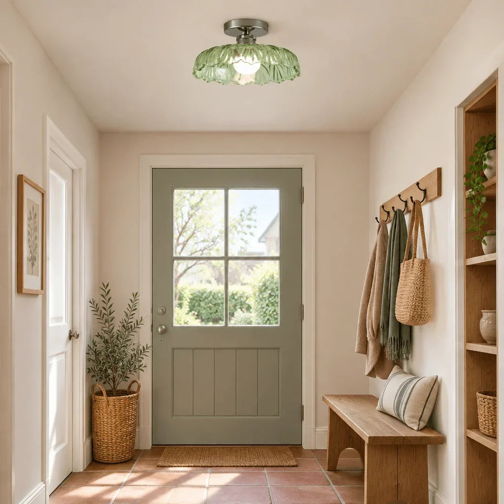 Green glass ceiling light above an entrance hall