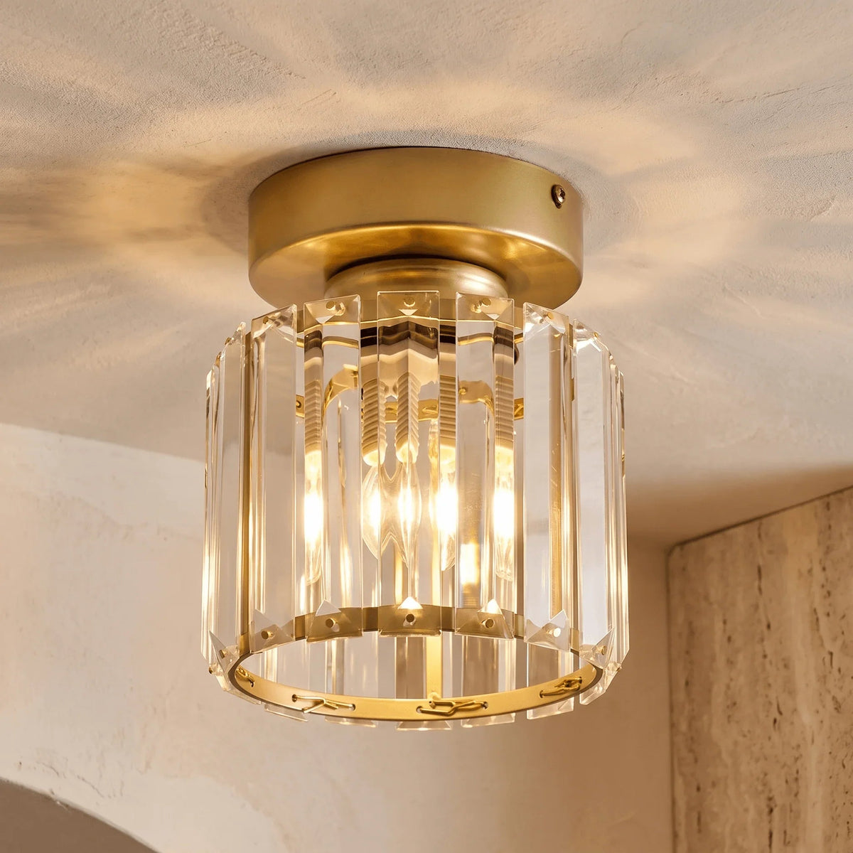 Gold round K9 crystal flush ceiling light