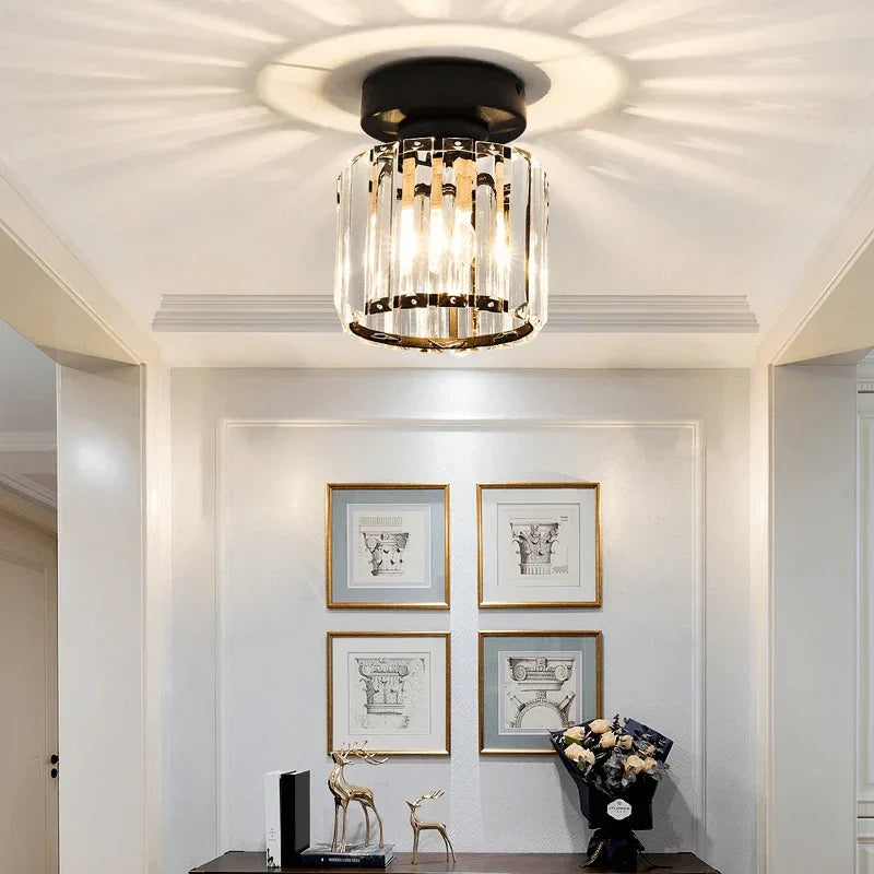 Round crystal ceiling light in a living space