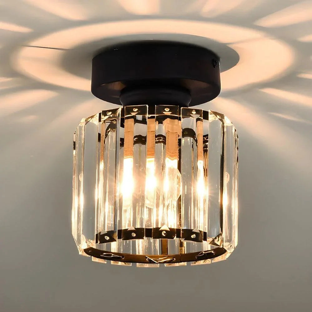 Black round crystal ceiling light close-up