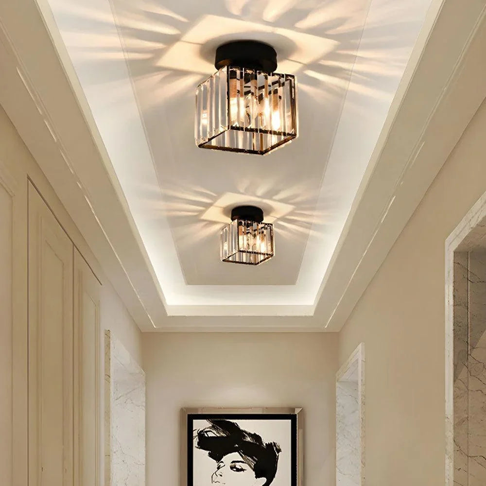Black square crystal lights in a hallway