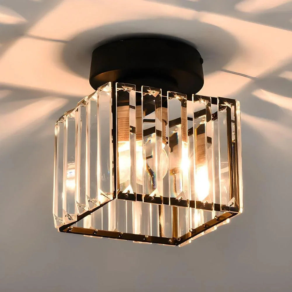 Black square crystal ceiling light close-up