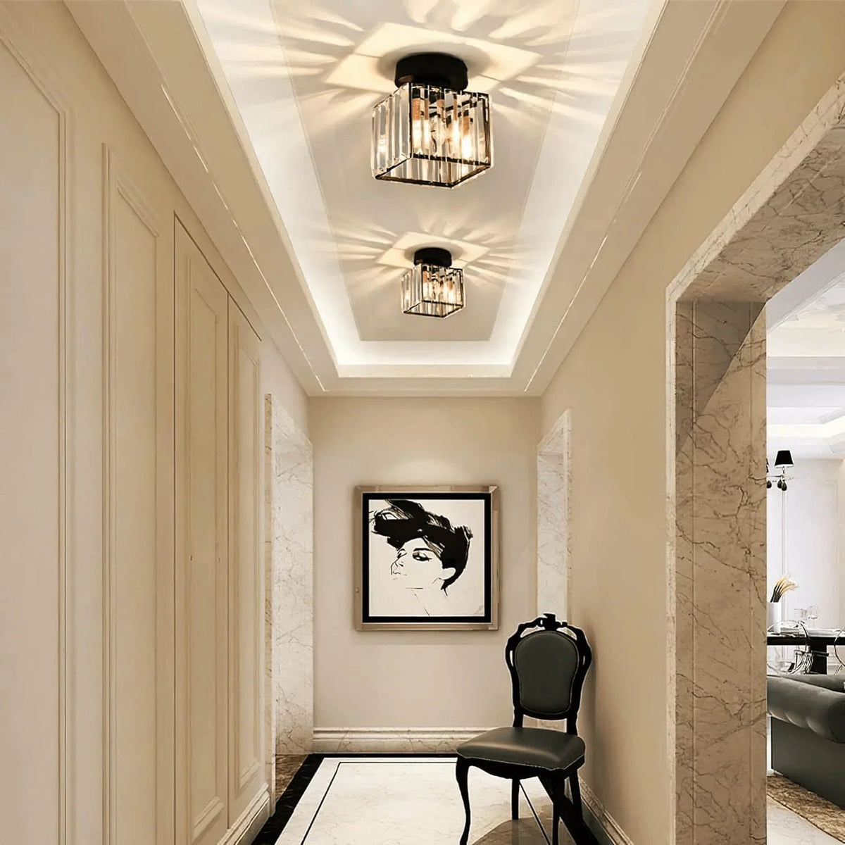 Pair of square crystal lights along a hallway