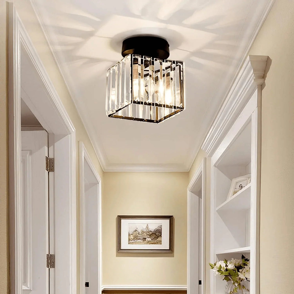 Square crystal ceiling fitting in an entrance
