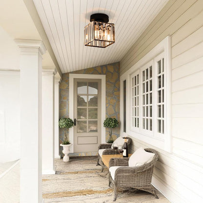 Square crystal ceiling light above a hallway bench