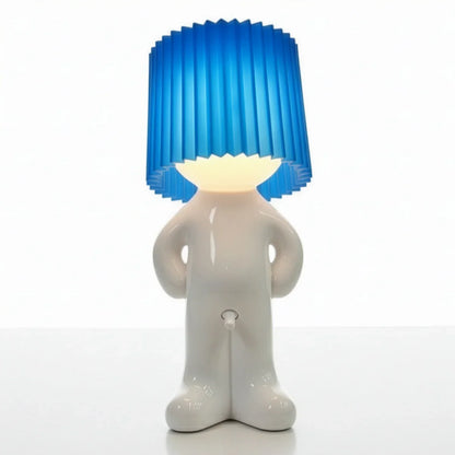 Larry character lamp with blue ribbed shade